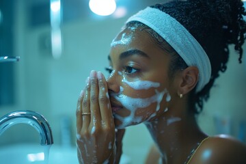 African American woman washes her face with water at the bathroom sink