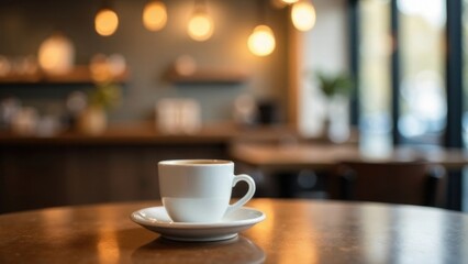Fototapeta premium a white cup of coffee on a white saucer in a cafe against the background of a modern interior