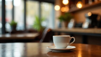 a white cup of coffee on a white saucer in a cafe against the background of a modern interior