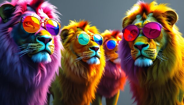 Colorful Lions Wearing Sunglasses  Trendy Animal Portrait