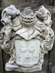 A detailed stone coat of arms featuring a crown and a carved face. The image highlights intricate сraftsmanship and architectural heritage.