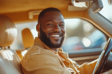Portrait of happy african american man driving car with beige interior