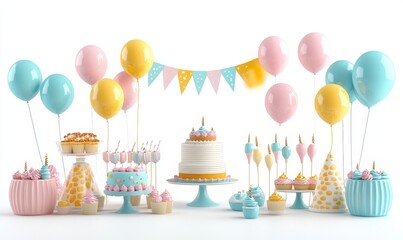 3D Birthday Party Set with Balloons, Cakes, and Decorations on White Background