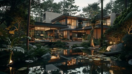 Fototapeta premium A stunning modern house surrounded by lush greenery and a serene pond, creating a tranquil escape at dusk.