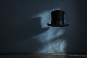 Mysterious levitating top hat casting shadow in dimly lit room. Generative AI