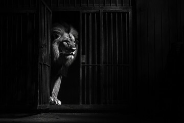 Lion in a cage with an open door indicating a possible escape at a zoo. Generative AI