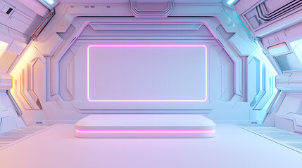 Futuristic event space showcase modern gallery 3d render sleek environment wide angle technology concept