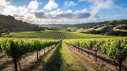 Fototapeta premium Golden Vines, Rolling Hills: A Sun-Kissed Vineyard Landscape Bathed in the Warm Light of a Serene Sunset