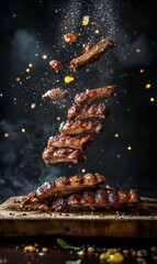 Delicious levitating grilled bbq ribs on rustic background