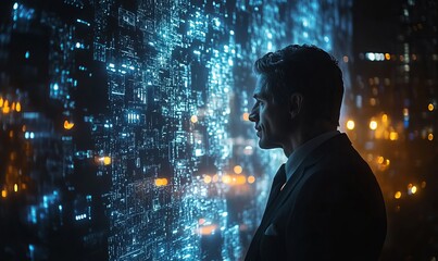 Businessman Engaging in Cloud Computing and Data Exchange with Futuristic Technology Interface at Night