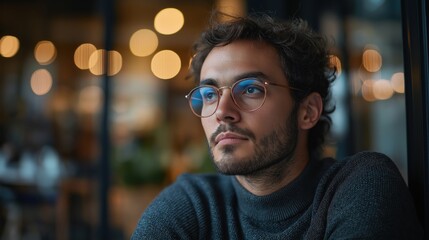 Thoughtful young man in glasses sitting in cozy cafe with warm lights