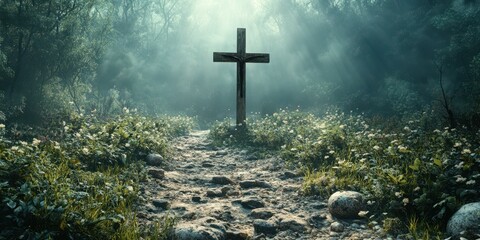 Fototapeta premium Mysterious cross standing alone in a foggy forest clearing surrounded by flowers and rocks