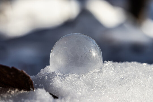 Macro Photo of a Frozen Soap Bubble forming Geometric Ice Crystals as it sits on snow. 