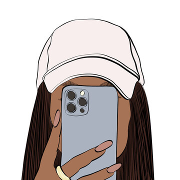 Woman Holding a Smartphone Wearing a White Cap