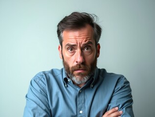 Obraz premium Sad mature man frowning with folded arms on light background