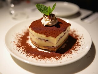 Delicious tiramisu cake with cocoa powder and mint leaf is served on white plate