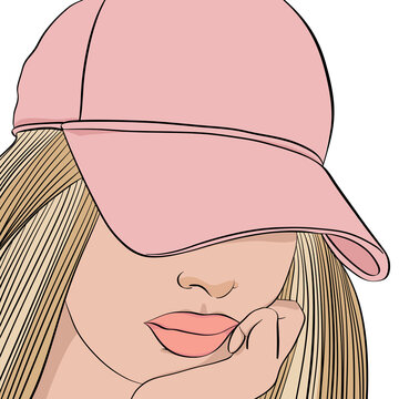 Woman in a Pink Baseball Cap Covering Her Face