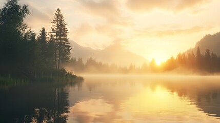 Fototapeta premium Eerie Illumination: A Full Moon Casts an Ominous Glow Over a Misty, Silhouetted Landscape of Trees and Water
