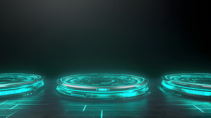 Futuristic digital display platforms in a neon environment for technology showcase