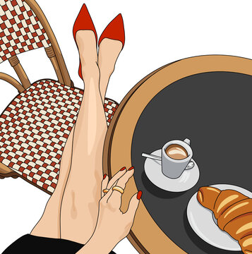 Woman in Heels having Coffee and Croissant Outdoors