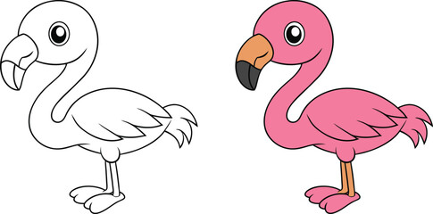Cute coloring page for kids. Flamingo cute vector illustration cartoon isolated on white background. Flamingo vector colored and colorless.	