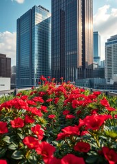 Red flowers and skyscraper buildings at urban rooftop garden skyscraper city building skyscraper downtown business architecture cityscape