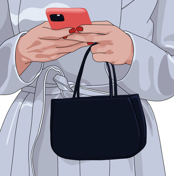 Woman in a Blue Trench Coat Holding a Phone and Black Handbag