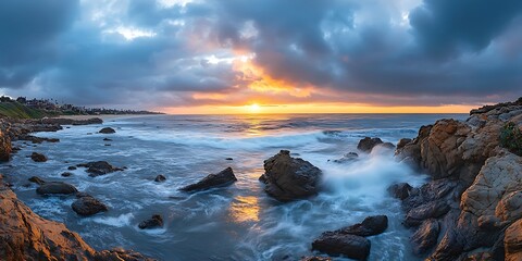 Obraz premium Majestic Ocean Sunset: Golden Hour at the Rocky Coastline with Dramatic Clouds and Crashing Waves