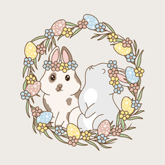 Easter bunnies with flowers and colorful easter eggs, vector line art.