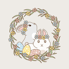 Easter bunnies with flowers and colorful easter eggs, vector line art.