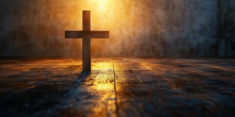 Naklejka premium Wooden cross illuminated by soft light in a dimly lit space creating a serene atmosphere