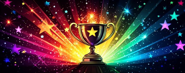 A shining trophy cup overflows with colorful beams and stars, highlighting the text AND THE WINNER IS, signifying celebration and announcement of a