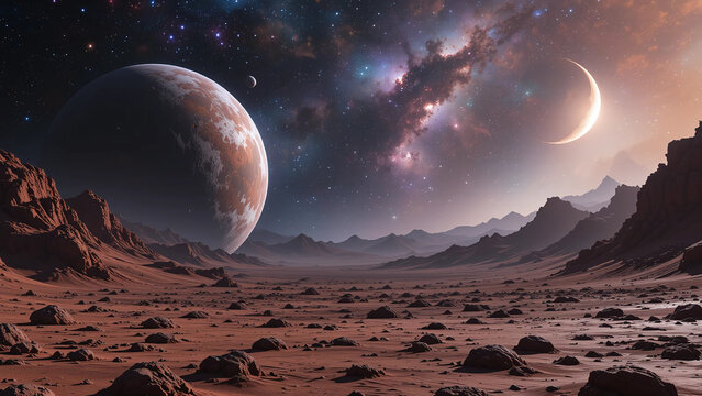 An alien planet's breathtaking sunset under a vibrant nebula, a crescent moon, and a colossal planet casting long shadows across the rusty, rocky terrain. - Powered by Adobe