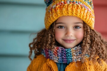Portrait of a smiling girl wearing colorful knitted winter clothes