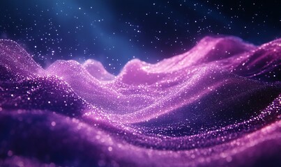 Vibrant Digital Purple Particle Wave with Shining Dots and Stars in Abstract Night Sky Background Concept for Technology, Science, and Futuristic