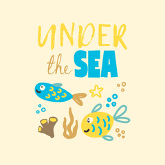 Colorful hand drawn underwater scene featuring kids and cheerful fish in a vibrant print design vector illustration