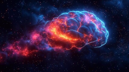 Obraz premium Human brain. Anatomy of organs, neurology, healthy body concept. Polygonal image on blue neon background. Low poly, wireframe digital 3d illustration.