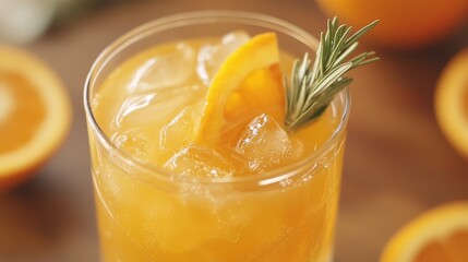 Refreshing Citrus Drink with Ice and Orange Garnish on Wooden Table