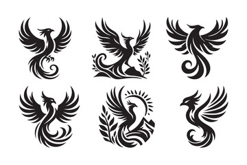 Set of Phoenix Bird silhouette vector logo, isolated on white background