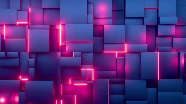 Abstract 3D geometric background featuring blue cubes with glowing pink neon lines, creating a futuristic and cyberpunk-inspired visual effect.