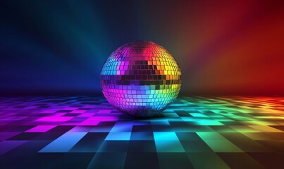 Obraz premium Vibrant Disco Mirror Ball Illuminated in Colorful Nightclub Setting, Reflecting Party Atmosphere on the Dance Floor