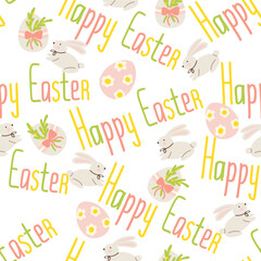 Easter seamless pattern with bunnies, eggs and text Happy Easter vector illustration