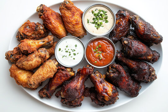 A plate of chicken wings isolated on a white background, featuring crispy skin and various sauces, ideal for bar menus and game day 