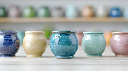 Colorful ceramic pots on a table, pottery workshop background
