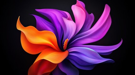 Obraz premium A colorful flower with orange and purple petals. The flower is in the center of the image and is surrounded by a dark background. The colors of the flower are vibrant and eye-catching