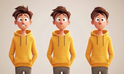 Naklejka premium Sad and Stressed Male Cartoon Character in Yellow Hoodie, 3D Style Design on Light Background, Depicting Human Emotions and Expressions
