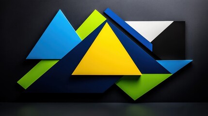 A colorful abstract painting of triangles and squares. The colors are bright and bold, creating a sense of energy and movement. The composition of the shapes and colors suggests a playful