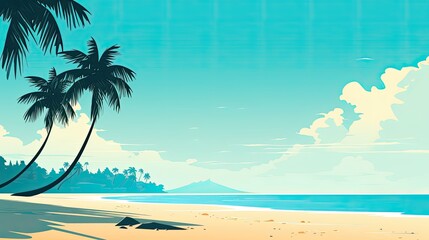 Obraz premium Composition of a tropical beach with palm trees, blue ocean, and sandy shore.