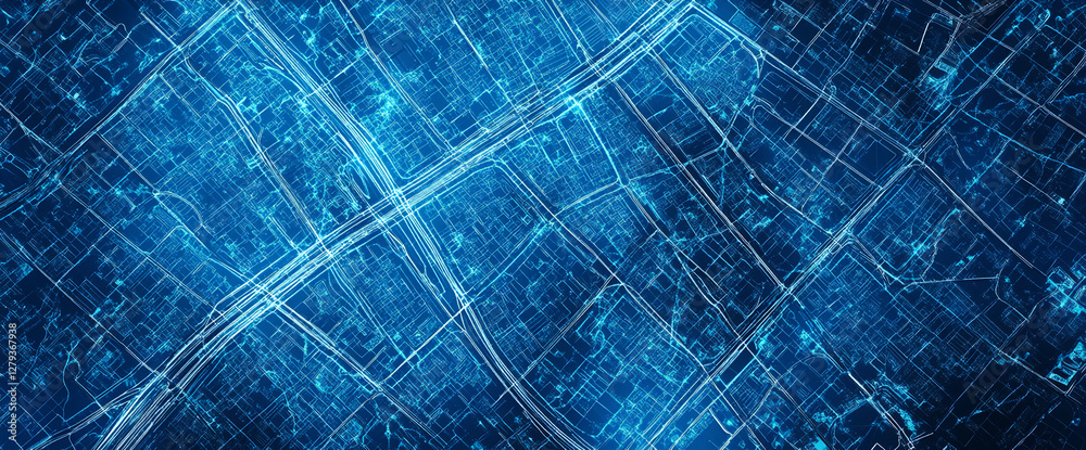 Poster a top view of a digital map with glowing lines representing the streets and roads of a modern city, 