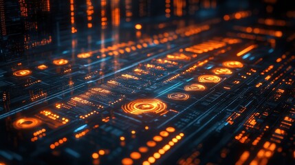 Futuristic digital interface with glowing orange and blue circuits, showcasing technology in action